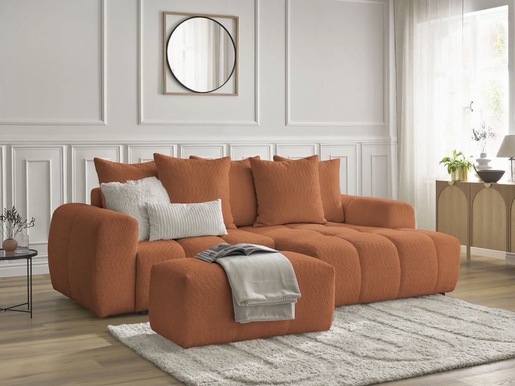 Produit similaire: Canapé d'angle convertible coffre ROXELANE tissu bouclette avec pouf orange angle droit BOBOCHIC 3 places