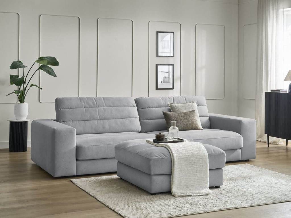 Produit similaire: Canapé droit fixe 3 places SIERRA velours avec pouf gris clair BOBOCHIC