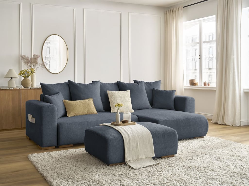 Produit similaire: Canapé d'angle convertible réversible coffre SIDONIE tissu chiné avec pouf bleu foncé BOBOCHIC 4 places