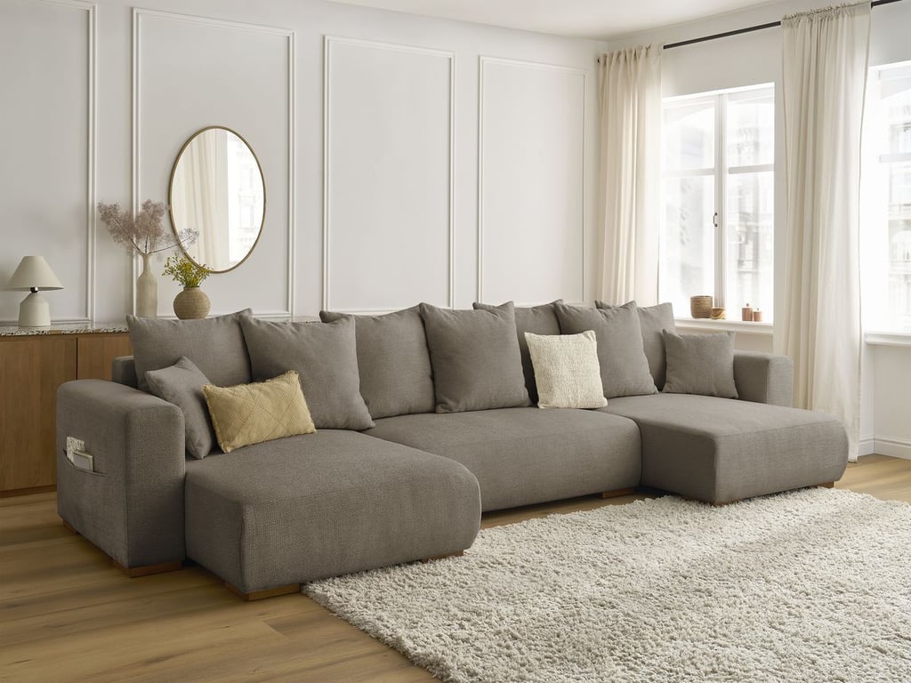 Produit similaire: Canapé panoramique convertible coffre SIDONIE tissu chiné taupe BOBOCHIC 4 places