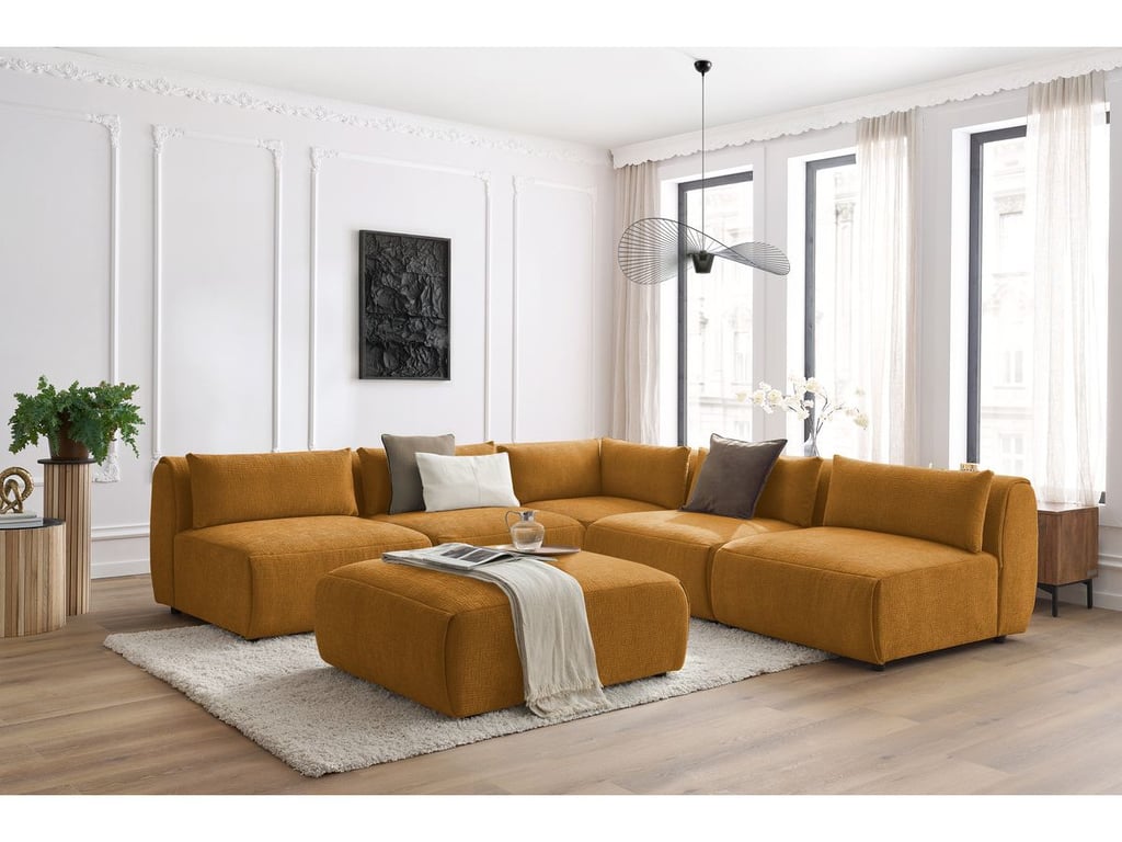 Produit similaire: Canapé d'angle fixe modulable JEANNE tissu texturé avec 4 chauffeuses, 1 angle et 1 pouf jaune BOBOCHIC 6 places