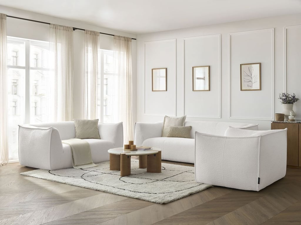 Ensemble canapé droit fixe 3 + 2 places + fauteuil GIORGIA tissu bouclette blanc   BOBOCHIC