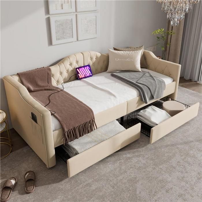 Produit similaire: Canapé Lit 90x200cm Avec USB Type-C ,canape Lit 2 Places Convertible, Avec 2 Tiroirs - Velours Beige (sans Matelas)