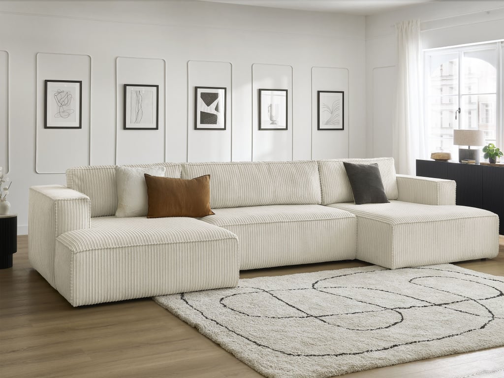 Produit similaire: Canapé panoramique convertible coffre NINA velours côtelé beige BOBOCHIC 5 places