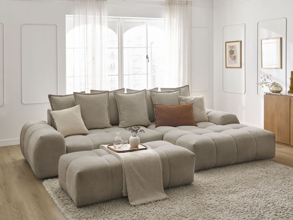 Produit similaire: Canapé d'angle convertible coffre EVEREST tissu chiné avec pouf taupe angle droit BOBOCHIC 4 places