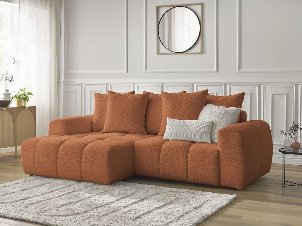Produit similaire: Canapé d'angle convertible coffre ROXELANE tissu bouclette orange angle gauche BOBOCHIC 3 places