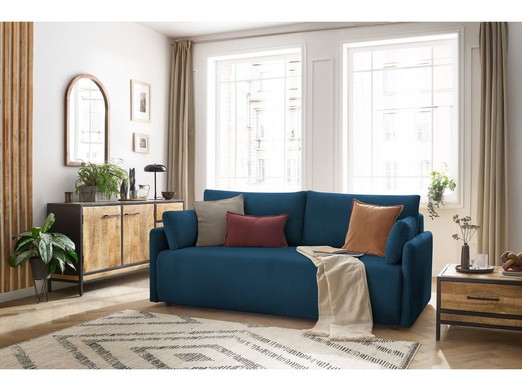 Produit similaire: Canapé droit convertible coffre MARCEL velours côtelé bleu foncé BOBOCHIC 3 places