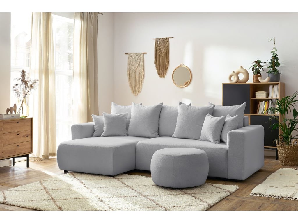 Produit similaire: Canapé d'angle réversible convertible coffre ENVY tissu bouclette doux avec pouf rond gris clair BOBOCHIC 5 places