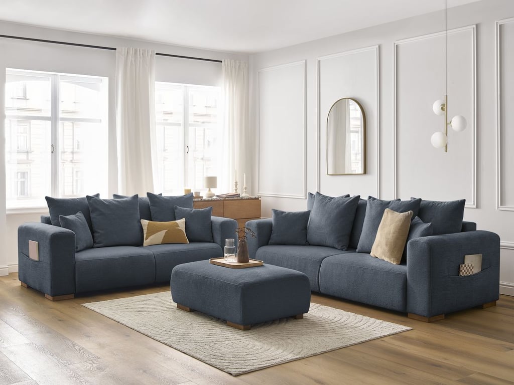 Produit similaire: Ensemble canapé droit fixe 3 + 2 places SIDONIE tissu chiné avec pouf bleu foncé BOBOCHIC