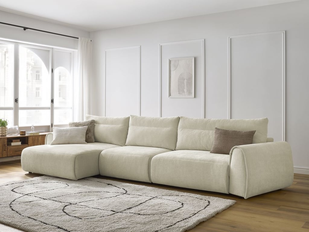 Produit similaire: Canapé grand angle incurvé fixe ADEN beige angle gauche BOBOCHIC 4 places