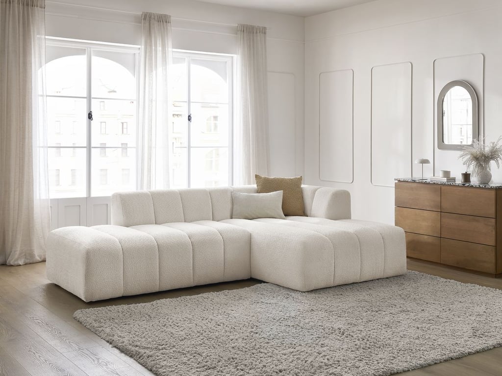 Produit similaire: Canapé d'angle fixe modulable ANNECY tissu bouclette blanc angle droit BOBOCHIC 3 places