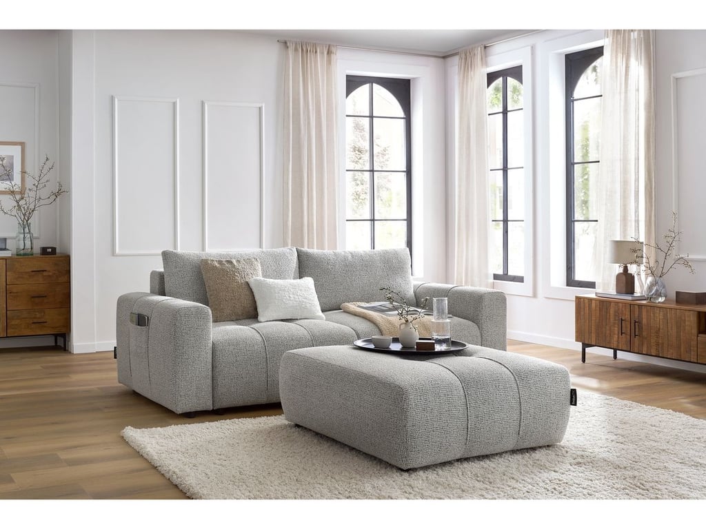 Produit similaire: Canapé droit convertible coffre ARSENE avec pouf gris clair BOBOCHIC 4 places