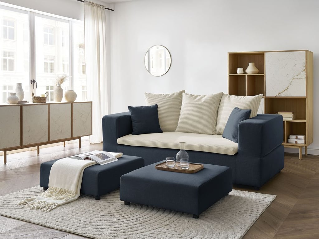 Produit similaire: Canapé droit convertible LEANDRE bi matière avec deux poufs beige et bleu foncé BOBOCHIC 4 places