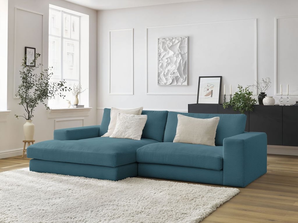 Produit similaire: Canapé d'angle fixe compact LEONARD velours côtelé bleu clair angle gauche BOBOCHIC 4 places