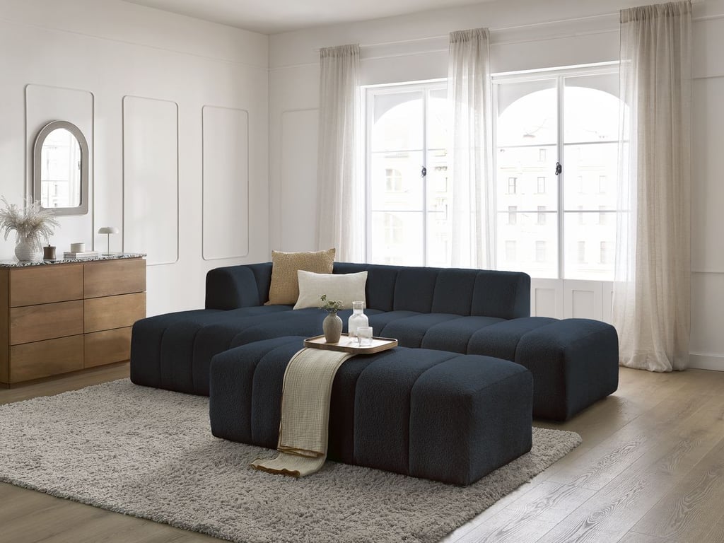 Produit similaire: Canapé d'angle fixe modulable ANNECY tissu bouclette avec pouf bleu foncé angle gauche BOBOCHIC 4 places
