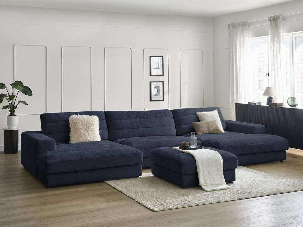 Produit similaire: Canapé panoramique fixe SIERRA tissu texturé avec pouf bleu foncé BOBOCHIC 5 places