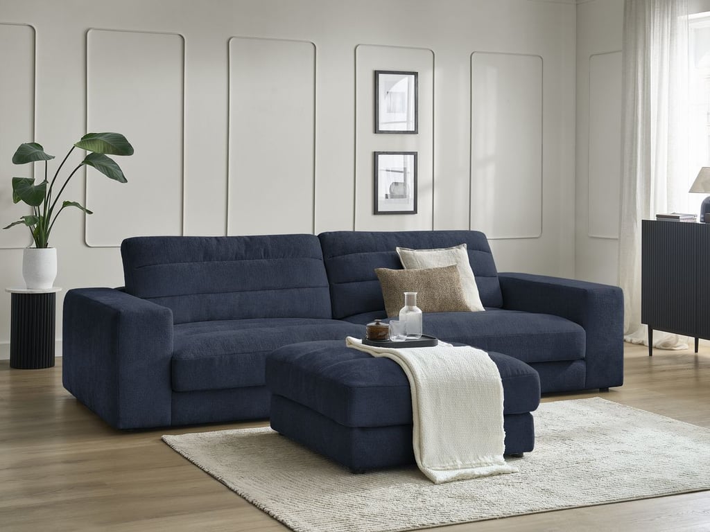 Produit similaire: Canapé droit fixe 3 places SIERRA tissu texturé avec pouf bleu foncé BOBOCHIC