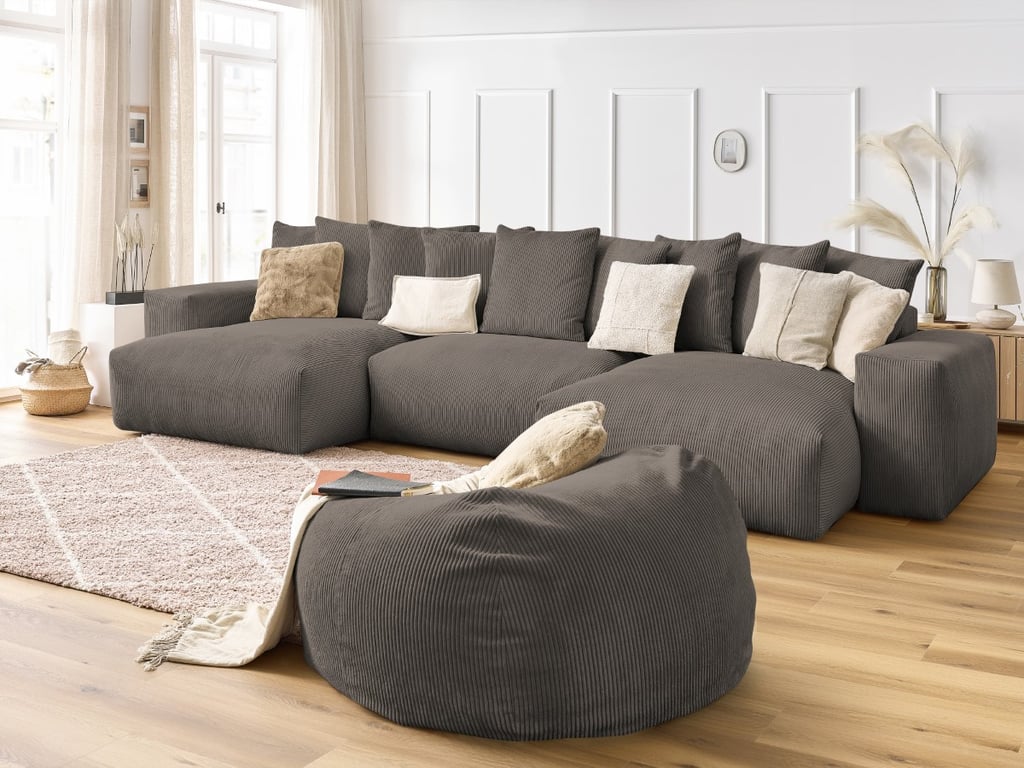Canapé panoramique fixe VOLTAIRE velours côtelé avec pouf taupe  panoramique BOBOCHIC 7 places