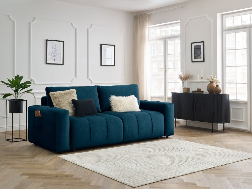 Produit similaire: Canapé droit convertible coffre ARSENE tissu velours bleu BOBOCHIC 3 places