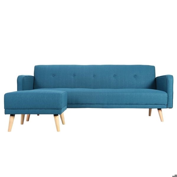 Canapé convertible scandinave 3 places avec repose-pieds en tissu bleu canard et bois clair ULLA