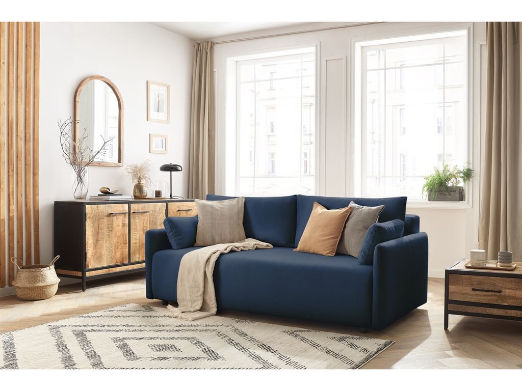 Produit similaire: Canapé droit convertible coffre MARCEL tissu lisse bleu foncé BOBOCHIC 3 places