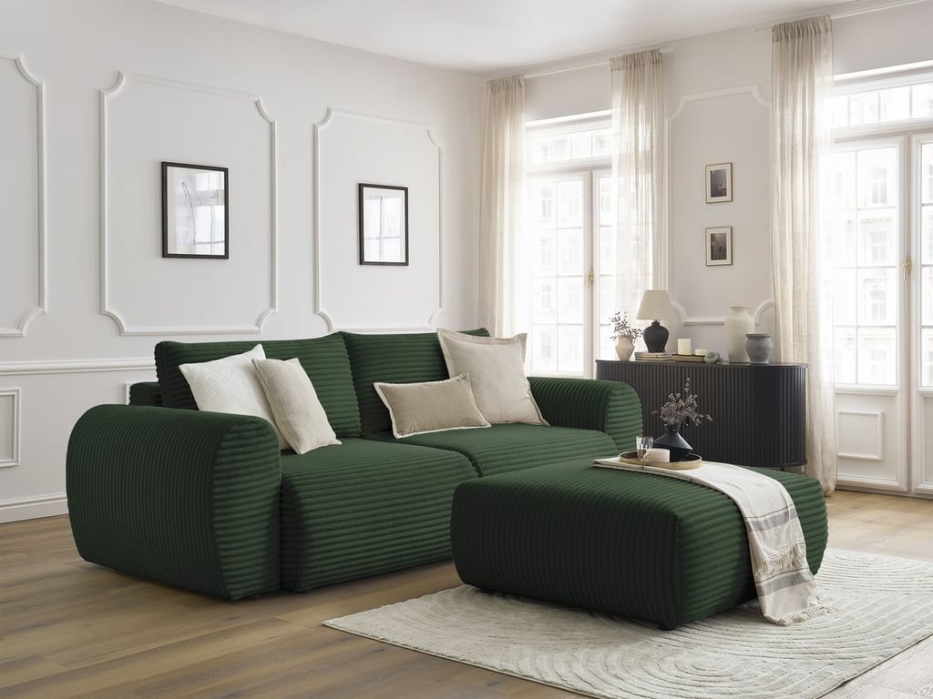 Produit similaire: Canapé droit convertible coffre LUCIEN gros côtelé doux avec pouf vert BOBOCHIC 4 places