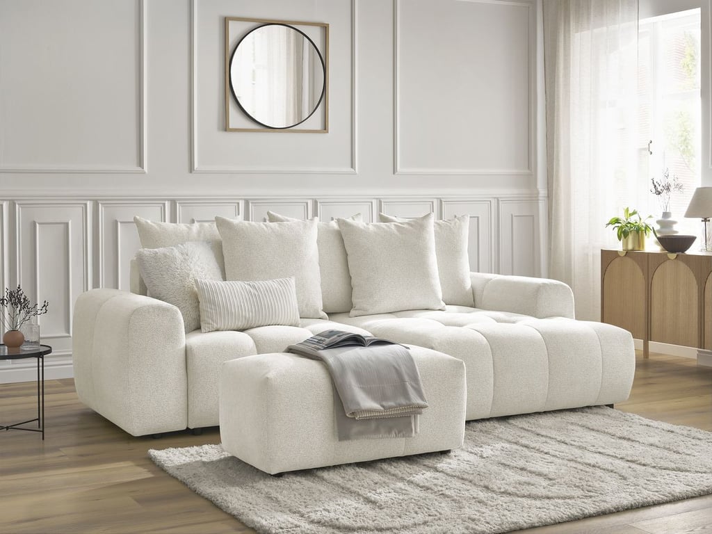 Produit similaire: Canapé d'angle convertible coffre ROXELANE tissu chiné avec pouf blanc angle droit BOBOCHIC 3 places