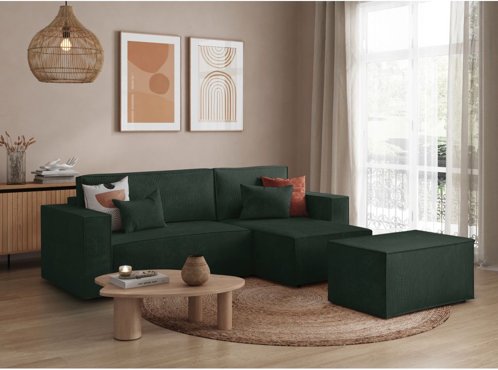 PACK - CLARISSE - Canapé d'angle convertible réversible avec pouf en velours côtelé