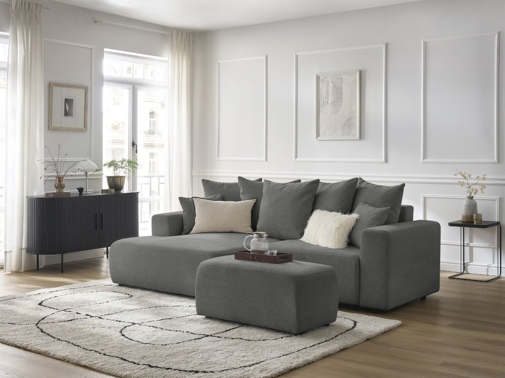 Produit similaire: Canapé d'angle convertible coffre ATILLA tissu chiné avec pouf gris foncé angle gauche BOBOCHIC 5 places