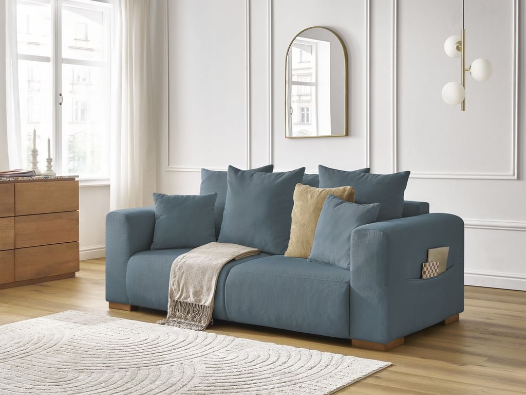 Produit similaire: Canapé droit fixe 2 places SIDONIE velours côtelé bleu foncé BOBOCHIC