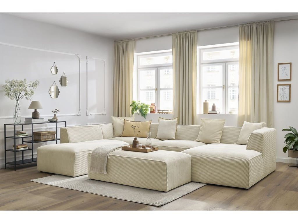 Produit similaire: Canapé panoramique fixe MEGEVE avec pouf tissu velours côtelé beige angle droit BOBOCHIC 6 places