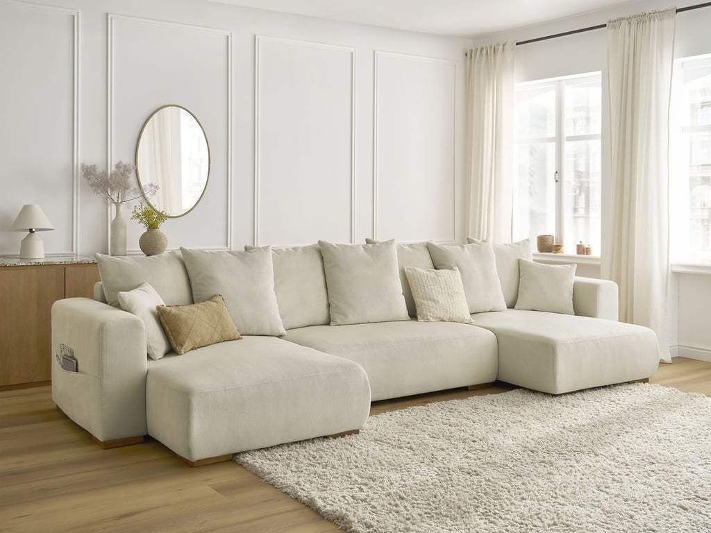 Produit similaire: Canapé panoramique convertible coffre SIDONIE velours côtelé beige BOBOCHIC 4 places