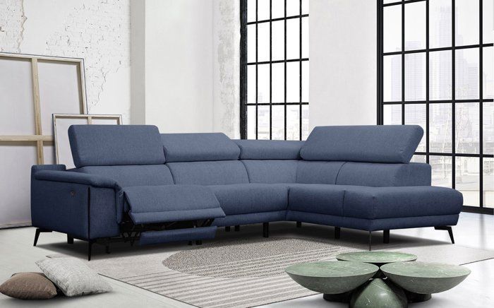 Produit similaire: Canapé d'angle droit 4 places relax électrique tissu bleu foncé - Matera - Courtois Laville