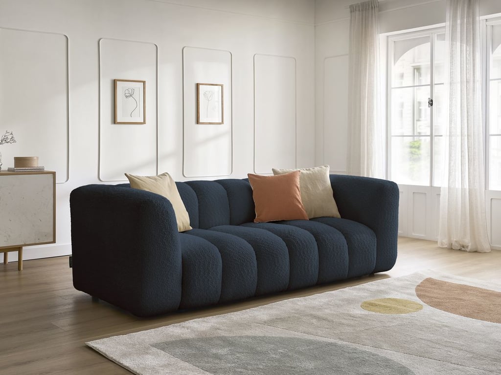 Produit similaire: Canapé droit fixe 3 places TALIA tissu bouclette bleu foncé BOBOCHIC