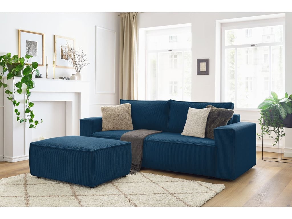 Produit similaire: Canapé droit convertible coffre NIHAD velours côtelé avec pouf bleu foncé BOBOCHIC 4 places