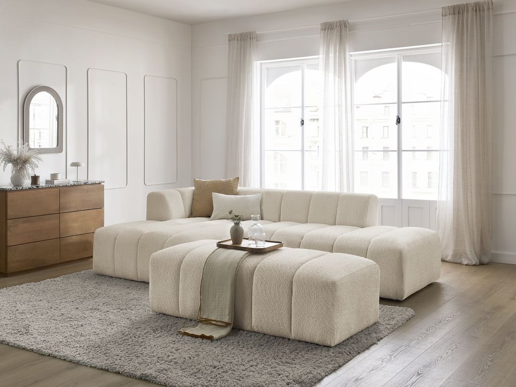 Produit similaire: Canapé d'angle fixe modulable ANNECY tissu bouclette avec pouf beige angle gauche BOBOCHIC 4 places