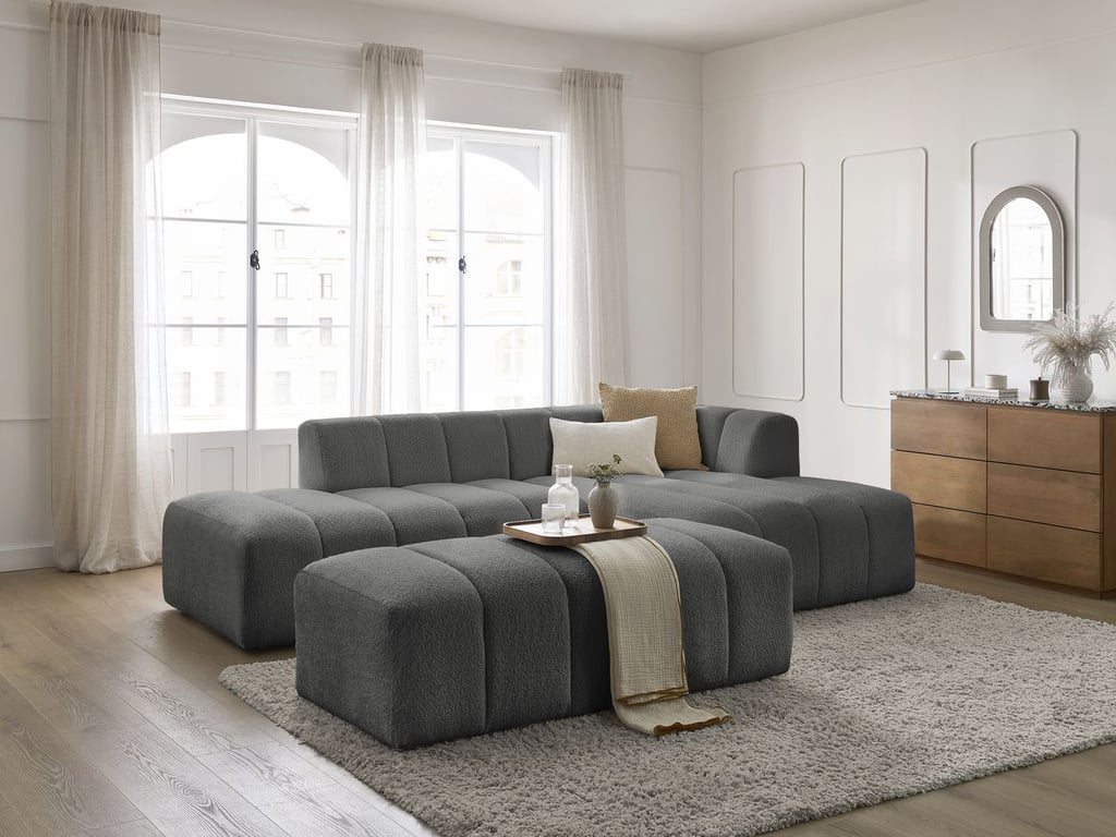 Produit similaire: Canapé d'angle fixe modulable ANNECY tissu bouclette avec pouf gris foncé angle droit BOBOCHIC 4 places
