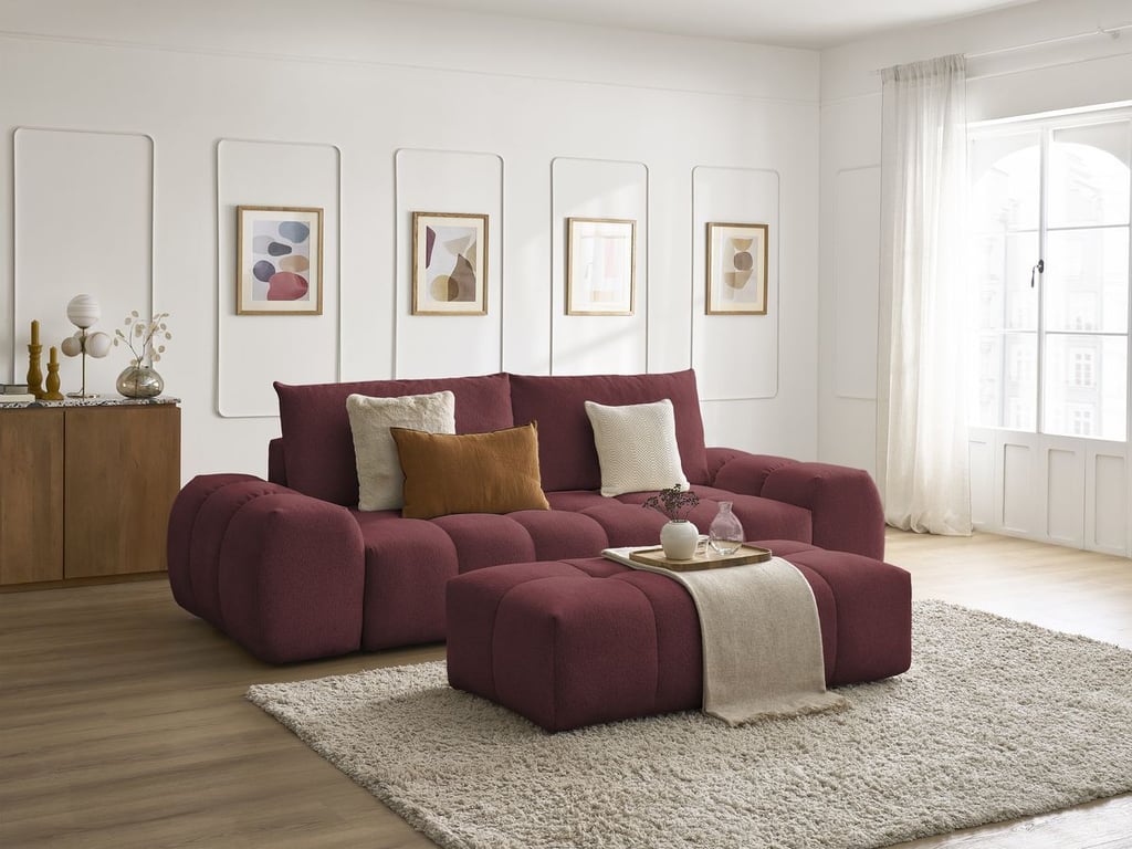 Produit similaire: Canapé droit convertible coffre EVEREST tissu chiné avec pouf rouge BOBOCHIC 3 places