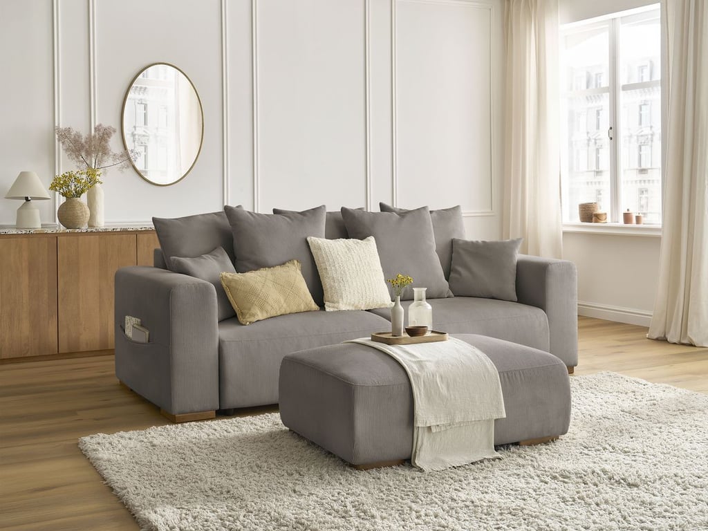 Produit similaire: Canapé droit convertible coffre SIDONIE velours côtelé avec pouf taupe BOBOCHIC 4 places