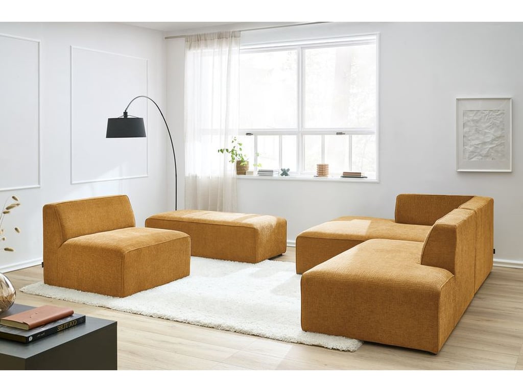 Produit similaire: Canapé d'angle fixe modulable MEGEVE tissu texturé avec 1 chauffeuse et 1 pouf jaune angle gauche BOBOCHIC 6 places