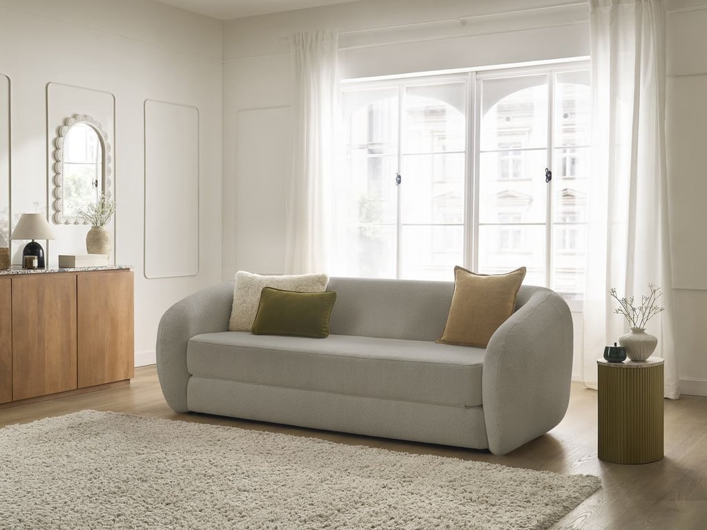 Produit similaire: Canapé droit convertible déplimousse NEYO tissu bouclette taupe BOBOCHIC 3 places