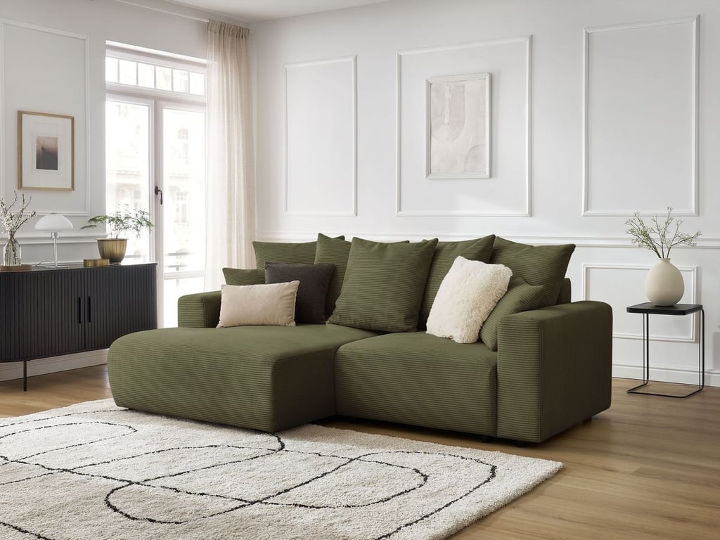 Produit similaire: Canapé d'angle convertible coffre ATILLA velours côtelé vert clair angle gauche BOBOCHIC 3 places