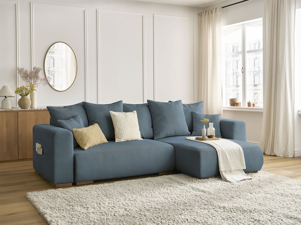 Produit similaire: Canapé d'angle convertible réversible coffre SIDONIE velours côtelé bleu foncé BOBOCHIC 3 places