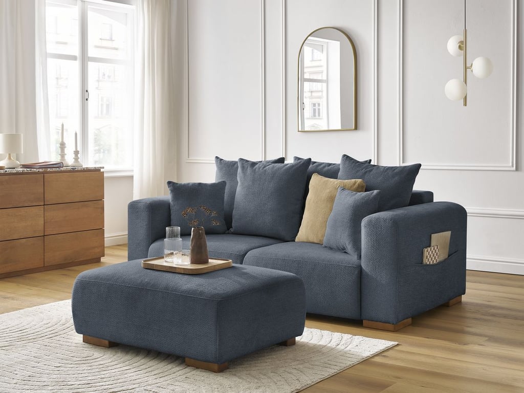 Produit similaire: Canapé droit fixe 2 places SIDONIE tissu chiné avec pouf bleu foncé BOBOCHIC