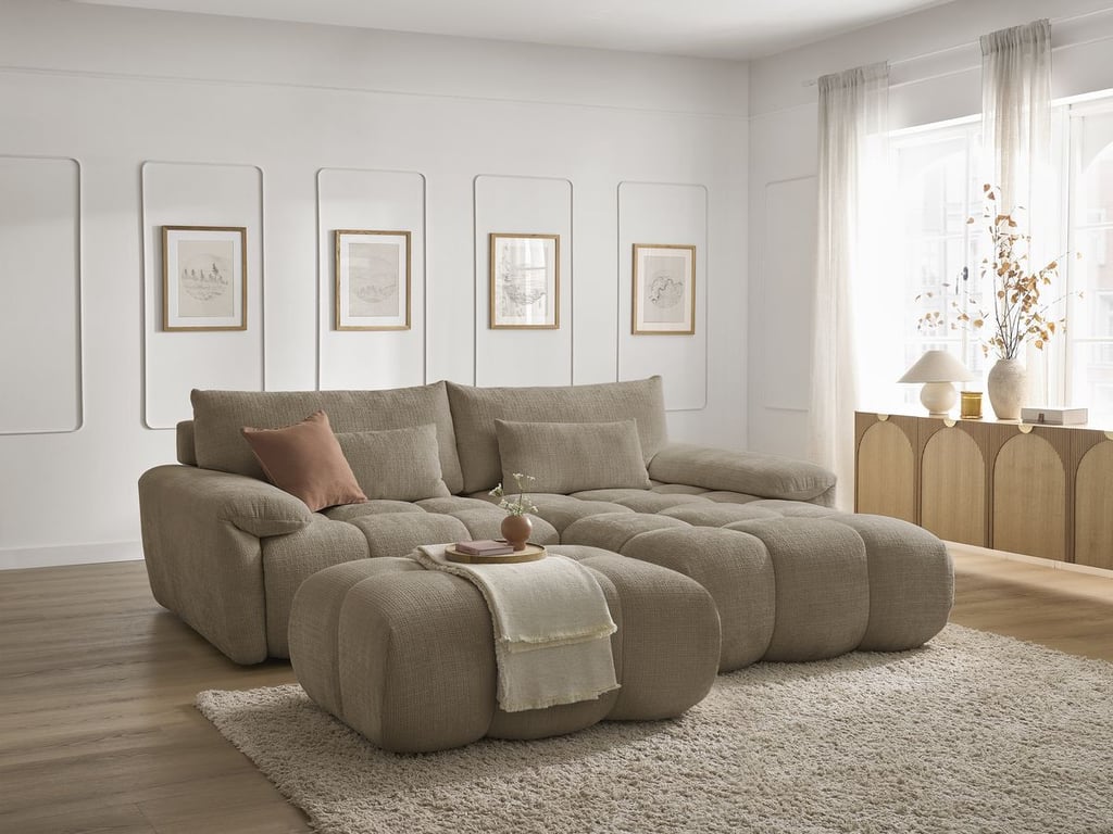 Produit similaire: Canapé d'angle fixe IVANE tissu texturé avec pouf marron angle droit BOBOCHIC 4 places