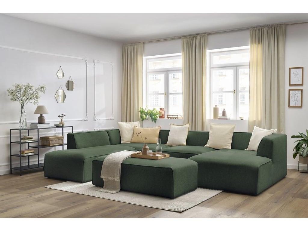 Produit similaire: Canapé panoramique fixe MEGEVE avec pouf tissu chiné vert angle droit BOBOCHIC 6 places