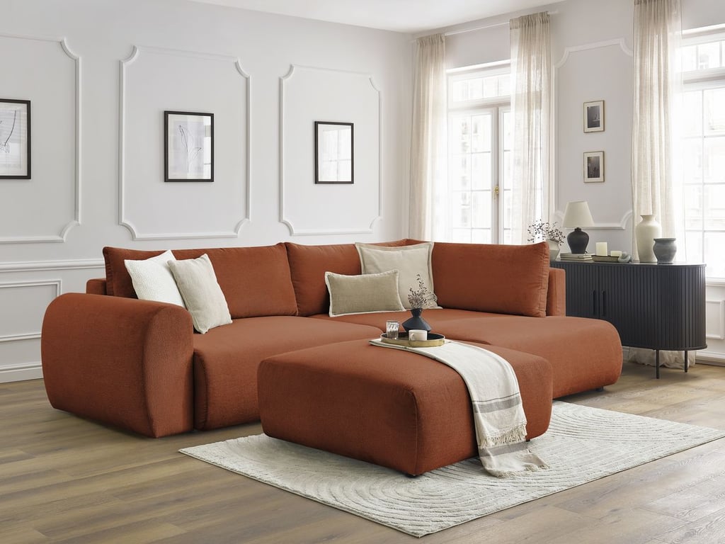 Produit similaire: Canapé d'angle L convertible coffre LUCIEN tissu lisse avec pouf orange angle droit BOBOCHIC 4 places