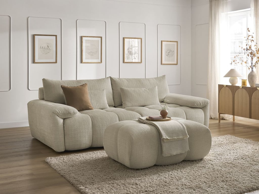 Produit similaire: Canapé droit fixe 3 places IVANE tissu texturé avec pouf beige BOBOCHIC