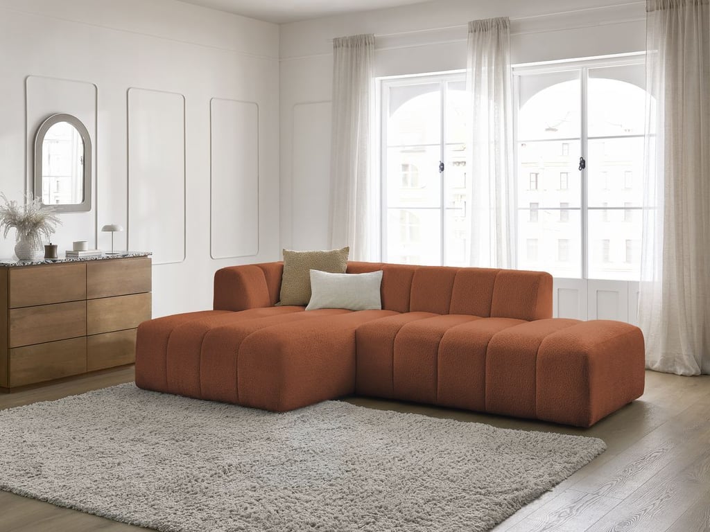 Produit similaire: Canapé d'angle fixe modulable ANNECY tissu bouclette orange angle gauche BOBOCHIC 3 places
