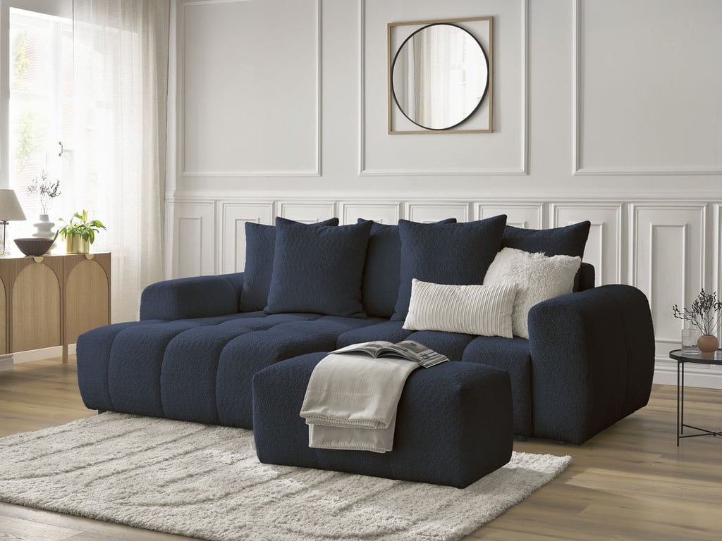 Produit similaire: Canapé d'angle convertible coffre ROXELANE tissu bouclette avec pouf bleu foncé angle droit BOBOCHIC 3 places